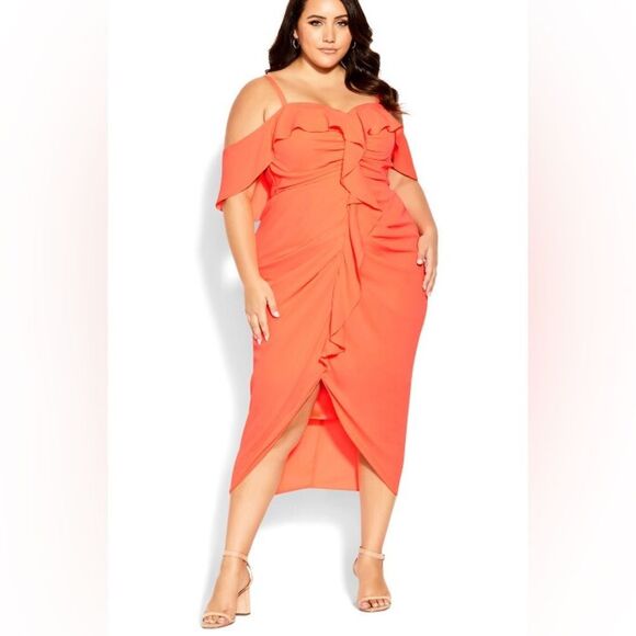 City Chic Orange Neon Ruffle Midi Off Shoulder Dress Size 18 - Picture 1 of 9